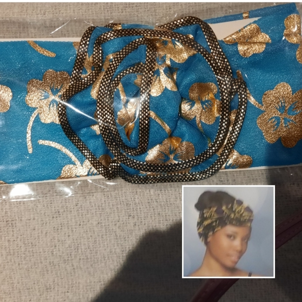 NIP Elegant African Headband Blue and Gold Floral Headwrap